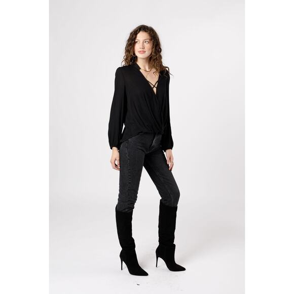 Band Of The Free Crossover Wrap Long Sleeve Top S Black Ikat Minimalist Office - Picture 5 of 11